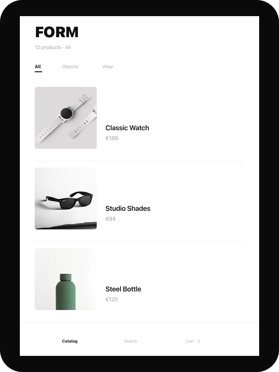 Minimal Store mobile app — sparse catalog list layout