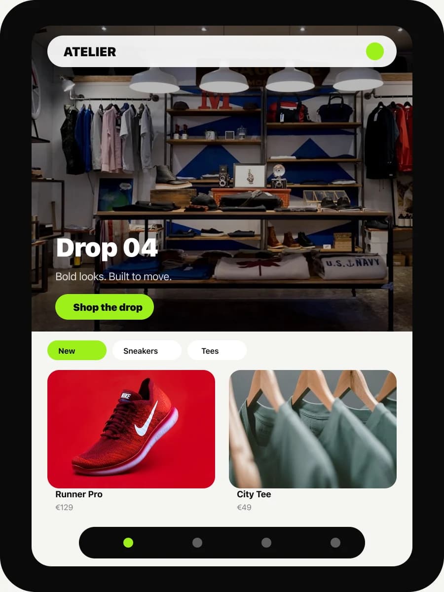 Modern Commerce mobile app — full-bleed drop layout
